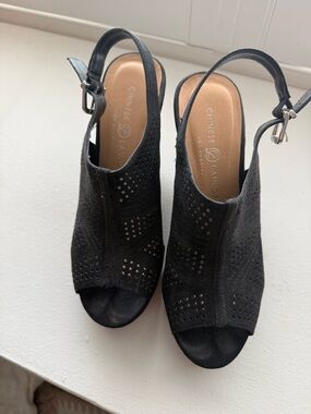Chinese Laundry Black Perforated Slingback Peep-Toe Wedges